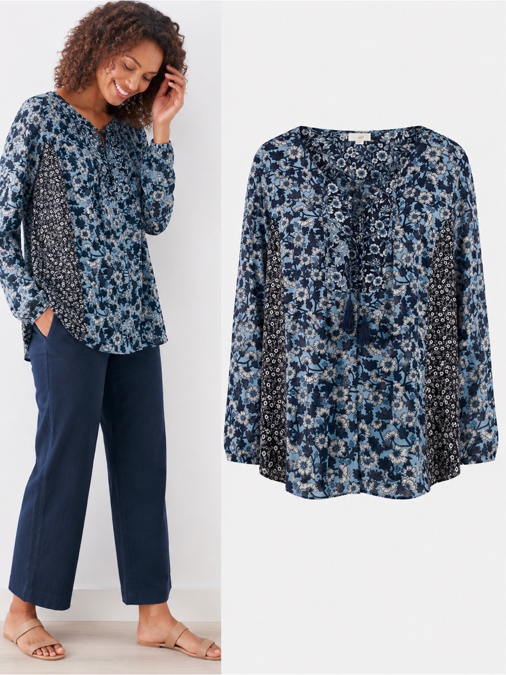 J.Jill | Blue Floral Mixed Print Peasant Blouse Top | Petite Large